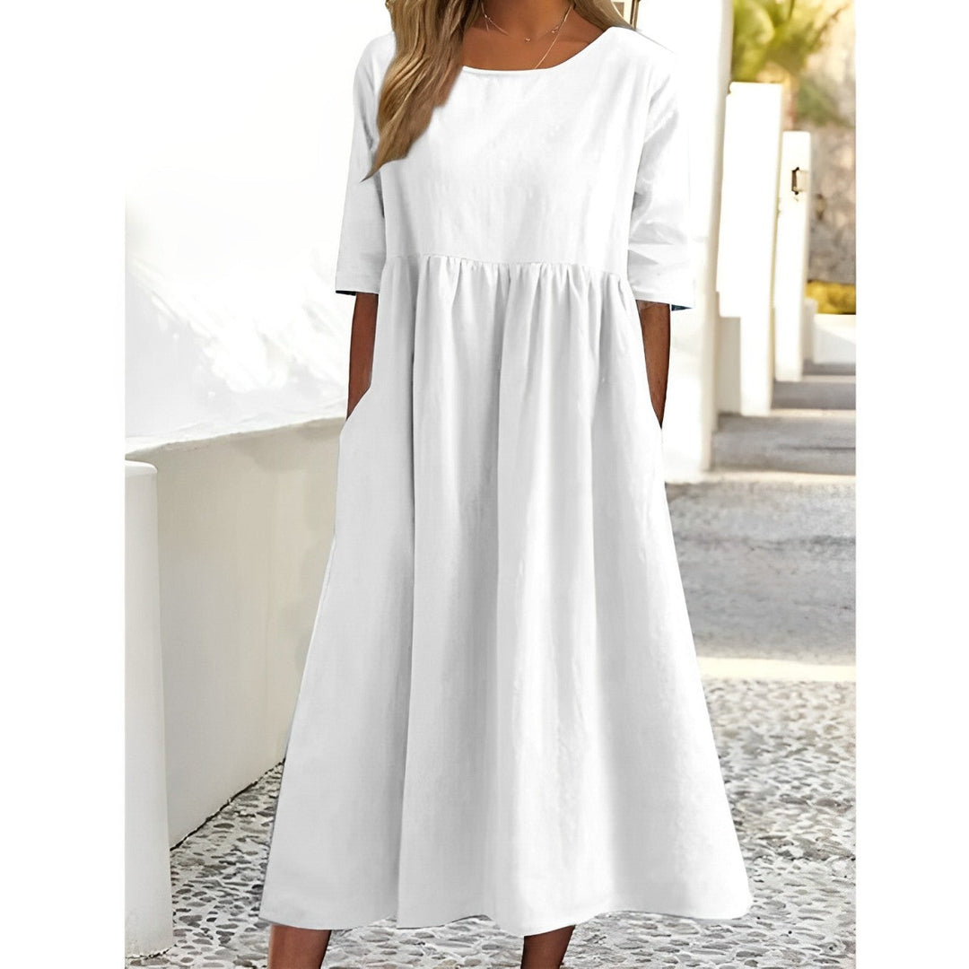 Drune | Atmungsaktives Baumwoll-Leinen Vintage Midi-Kleid mit Falten-Design