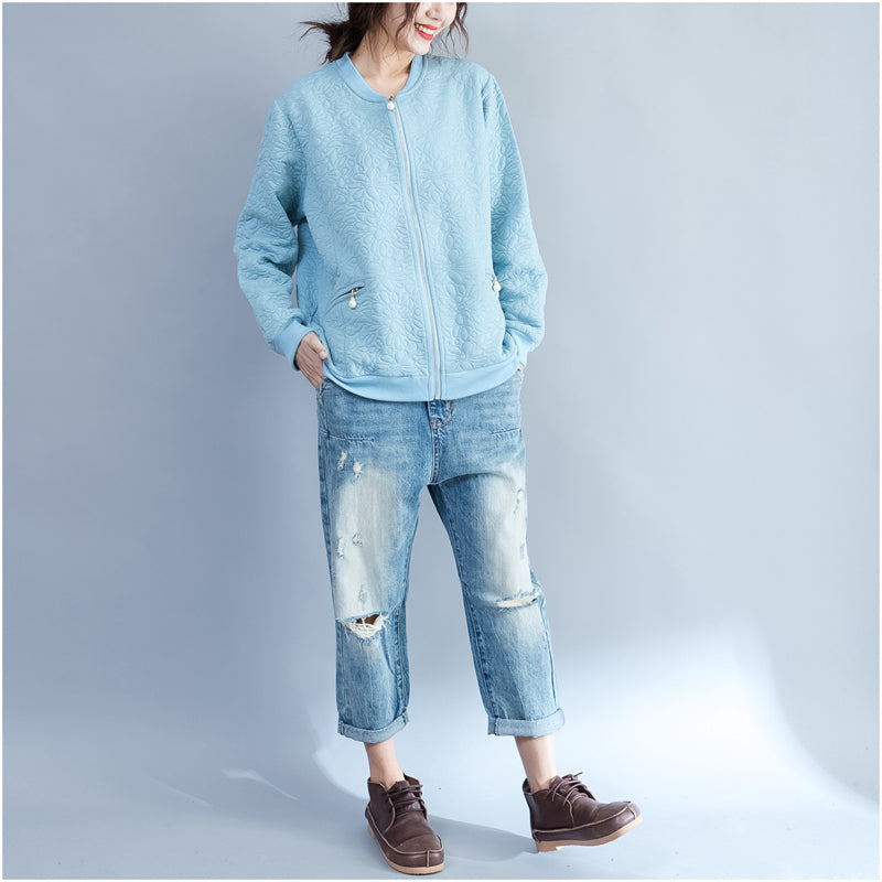 Drune | blaue Jacquard lockere Baumwolljacken große Größen mit Reißverschluss Cardigans Außenbekleidung