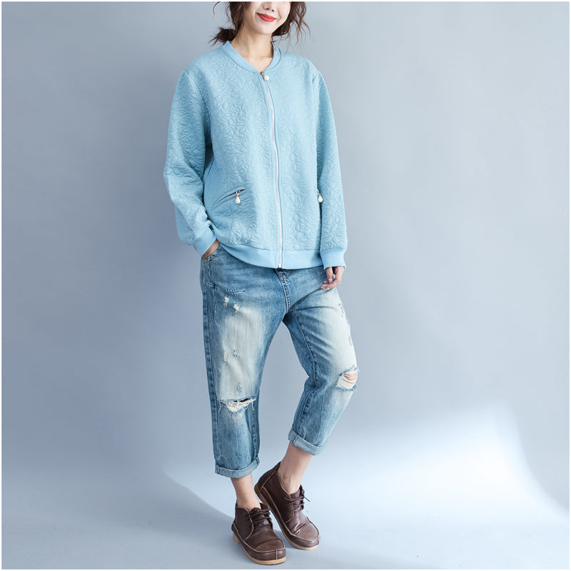 Drune | blaue Jacquard lockere Baumwolljacken große Größen mit Reißverschluss Cardigans Außenbekleidung