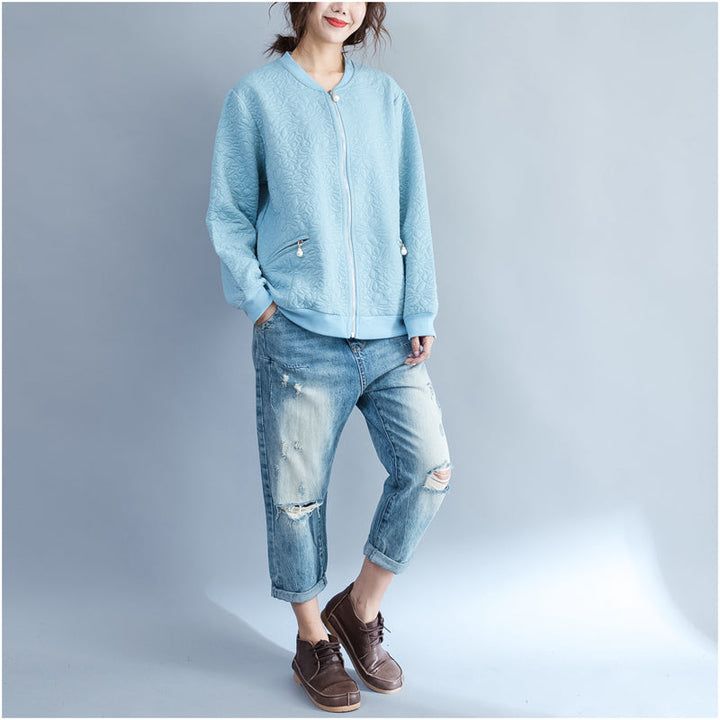 Drune | blaue Jacquard lockere Baumwolljacken große Größen mit Reißverschluss Cardigans Außenbekleidung