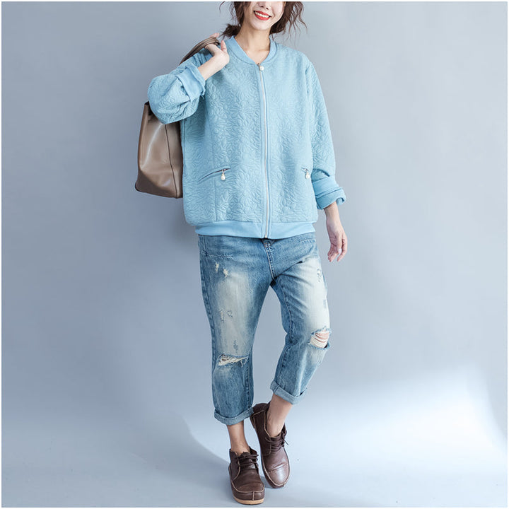 Drune | blaue Jacquard lockere Baumwolljacken große Größen mit Reißverschluss Cardigans Außenbekleidung