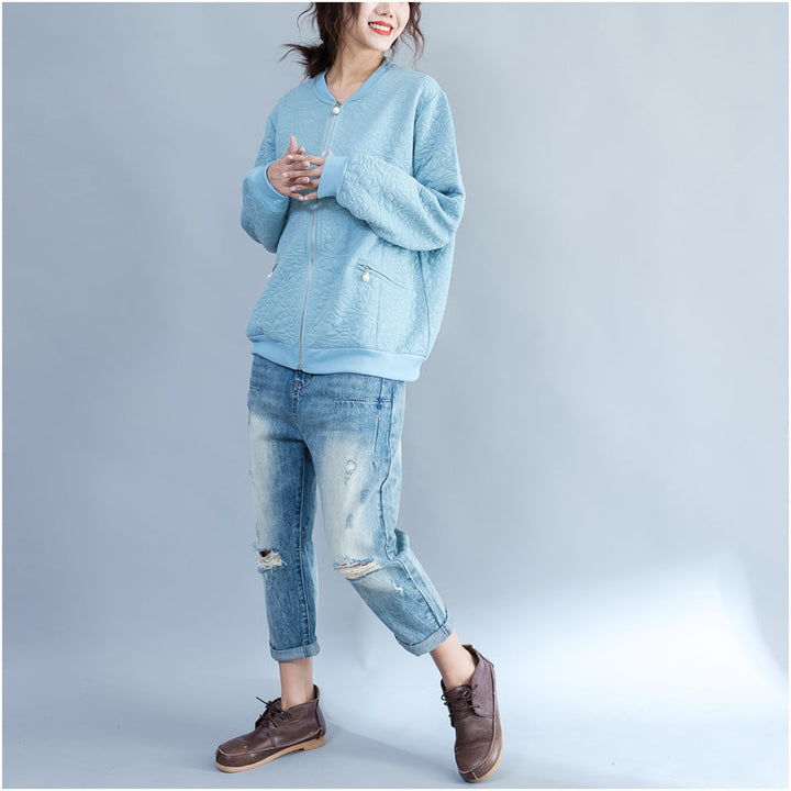 Drune | blaue Jacquard lockere Baumwolljacken große Größen mit Reißverschluss Cardigans Außenbekleidung