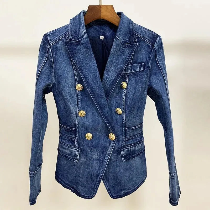 Drune | Löwenknöpfe Denim Blazer Damen - Lässig - Unifarben