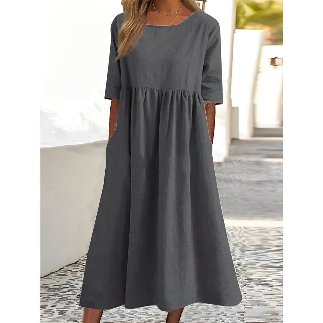 Drune | Atmungsaktives Baumwoll-Leinen Vintage Midi-Kleid mit Falten-Design