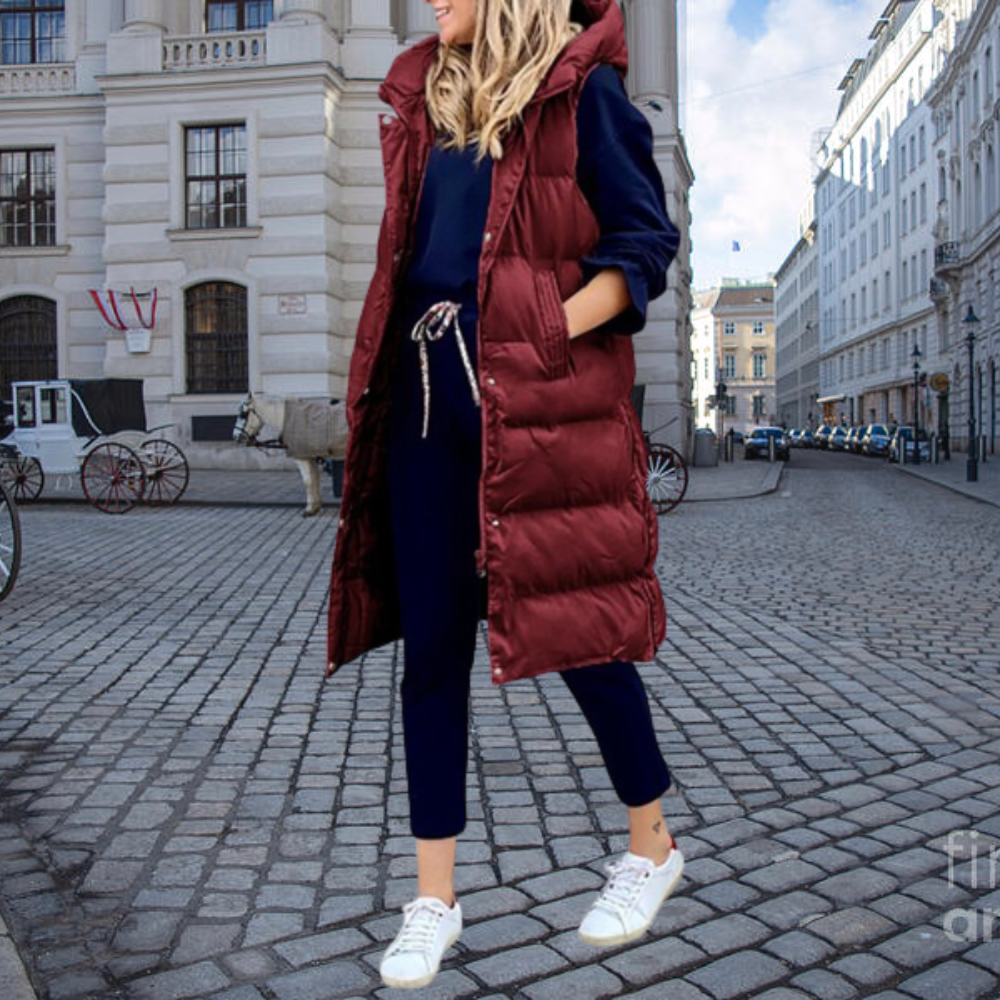 Drune | Langer gepolstertes Gilet mit Kapuze und Taschen