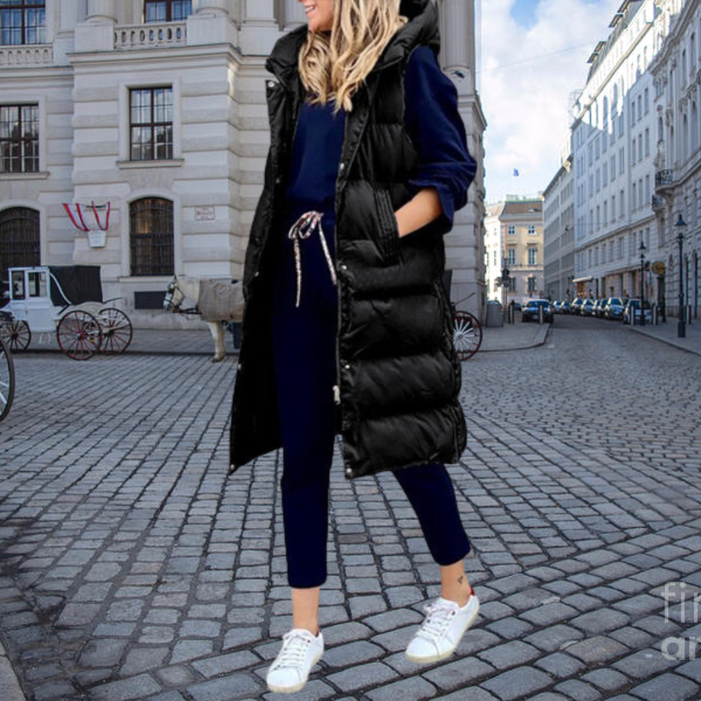 Drune | Langer gesteppter Bodywarmer mit Kapuze und Taschen