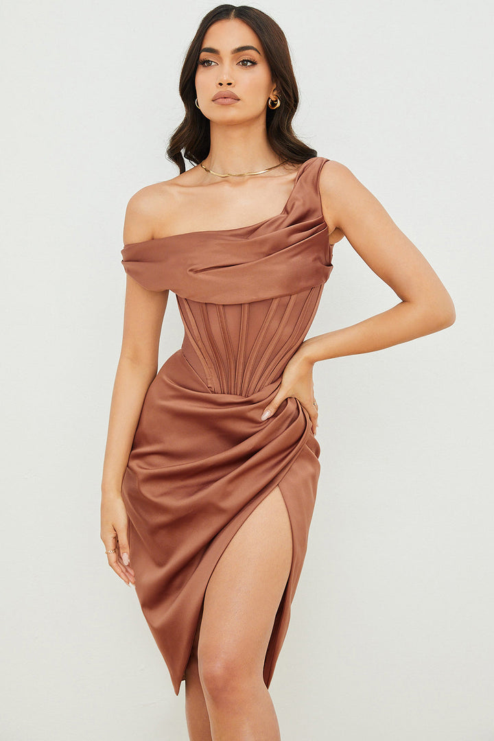 Drune | Asymmetrisch drapiertes Midi-Korsettkleid