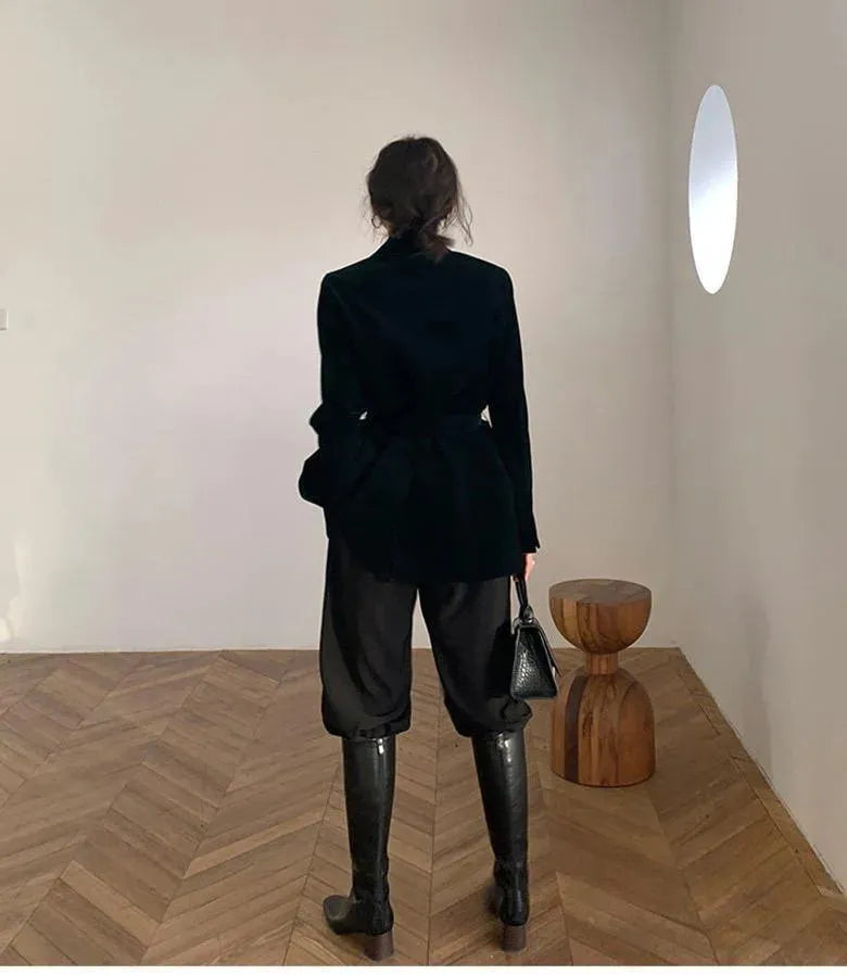 Drune | Glänzender Samt Gürtel Oversized Blazer Damen - Freizeit - Unifarben