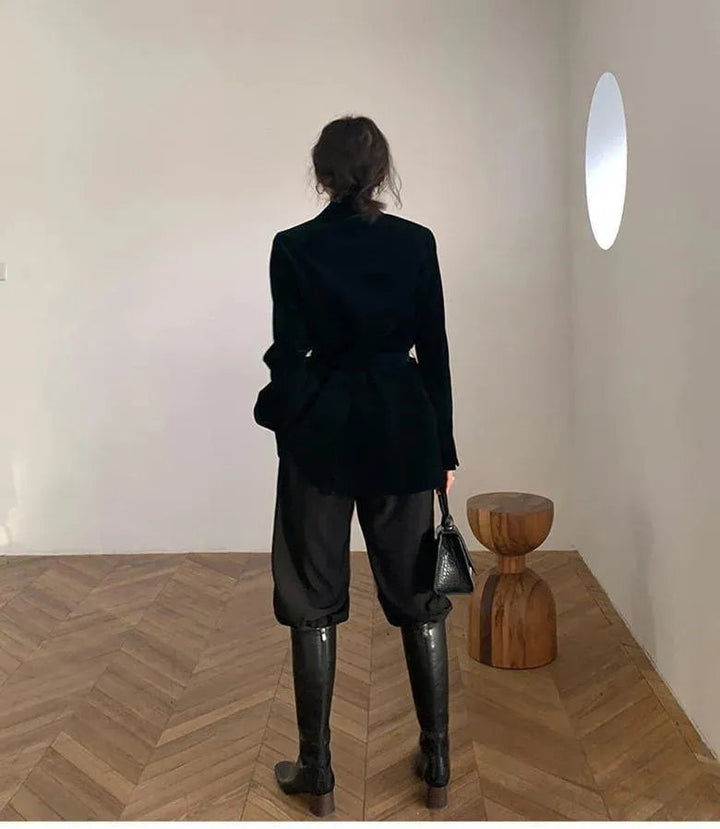 Drune | Glänzender Samt Gürtel Oversized Blazer Damen - Freizeit - Unifarben