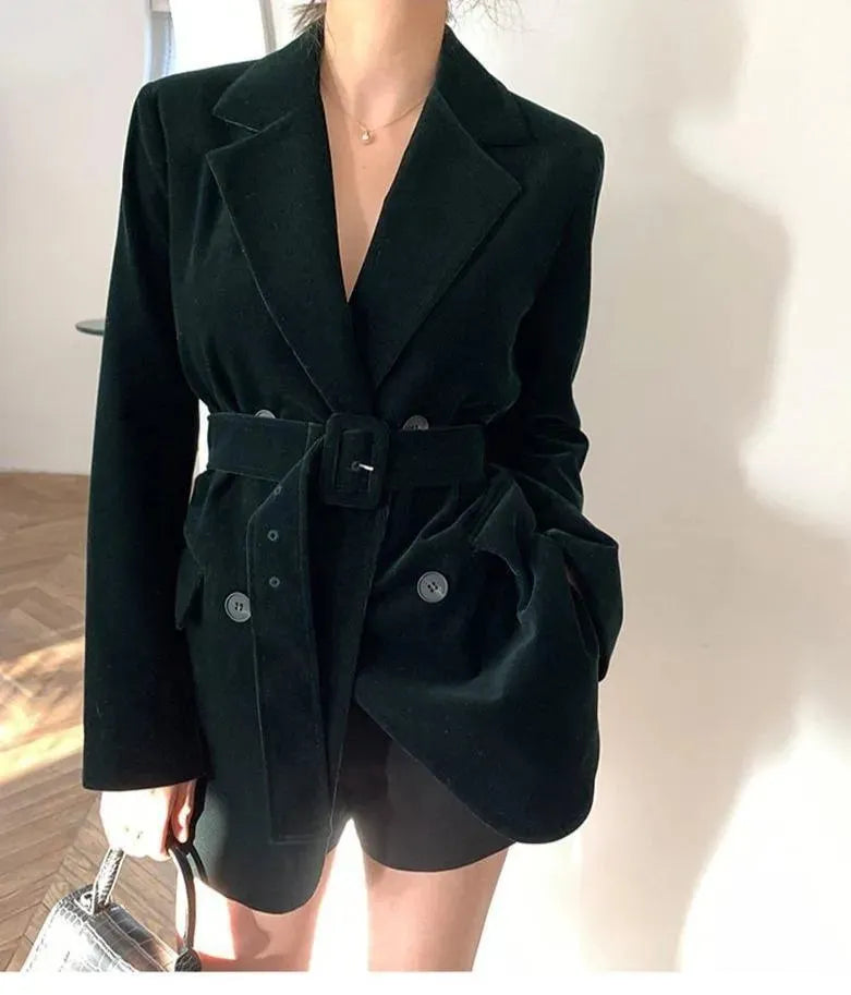 Drune | Glänzender Samt Gürtel Oversized Blazer Damen - Freizeit - Unifarben