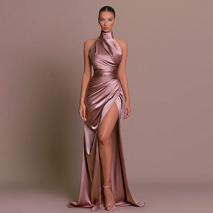 Drune | Luxuriöses Hoher Hals Halter Raffung Seite Schlitz Satin Maxikleid Abendkleid
