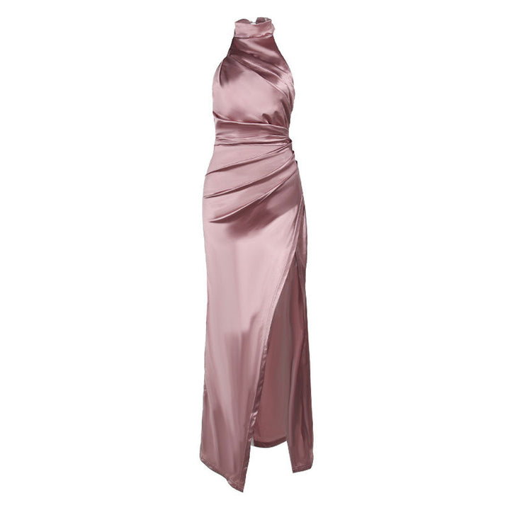 Drune | Luxuriöses Hoher Hals Halter Raffung Seite Schlitz Satin Maxikleid Abendkleid