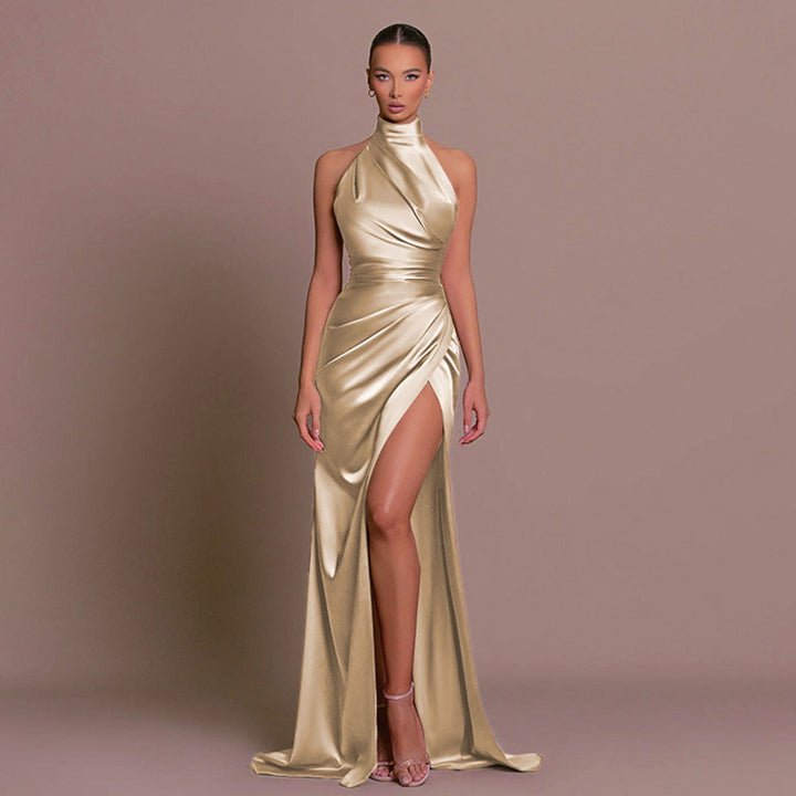 Drune | Luxuriöses Hoher Hals Halter Raffung Seite Schlitz Satin Maxikleid Abendkleid