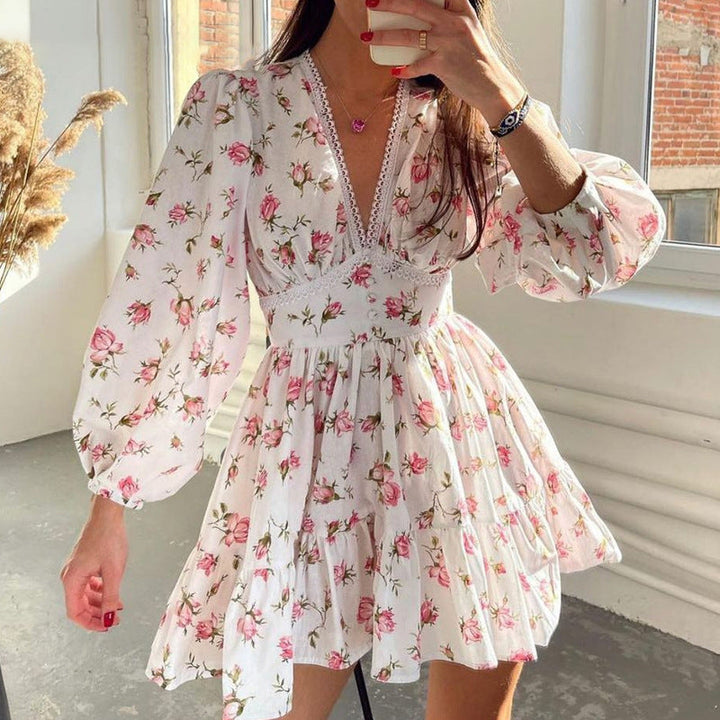 Drune | Kurz Blumen Kleid mit V-Ausschnitt