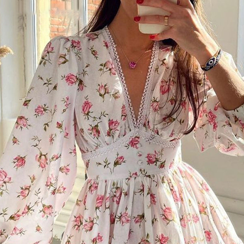 Drune | Kurz Blumen Kleid mit V-Ausschnitt