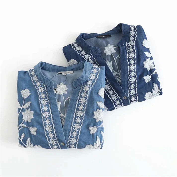 Drune | Bestickte Blumenbluse mit Knopfleiste