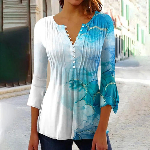 Drune | Damen V-Ausschnitt T-Shirt mit Knopfverschluss