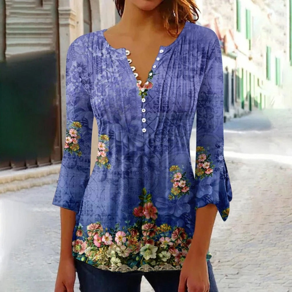 Drune | Damen V-Ausschnitt T-Shirt mit Knopfverschluss