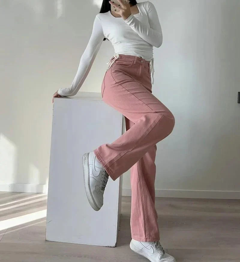 Drune | Waist-Pinke Gerade Jeans für Frauen