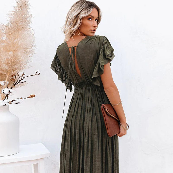 Drune | Dunkelgrünes Kleid mit V-Ausschnitt - Elegantes Maxikleid für besondere Anlässe