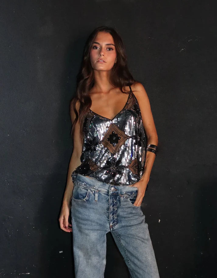 Drune | Verzierter Transparenter Paillettentop Für Damen