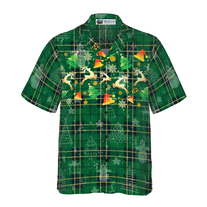 Drune | Hyperfavor Weihnachts-Hawaiianhemden für Männer und Frauen, Weihnachts-Rentier grünes Plaid-Muster Hawaiianhemd mit Knopfleiste Kurzarm