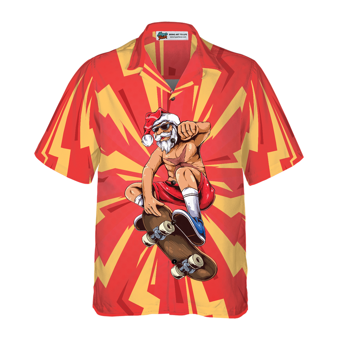 Drune | Hyperfavor Weihnachten Hawaiian-Shirts für Männer und Frauen, Santa Skateboarder Hawaiian-Shirt Kurzarm Hemd