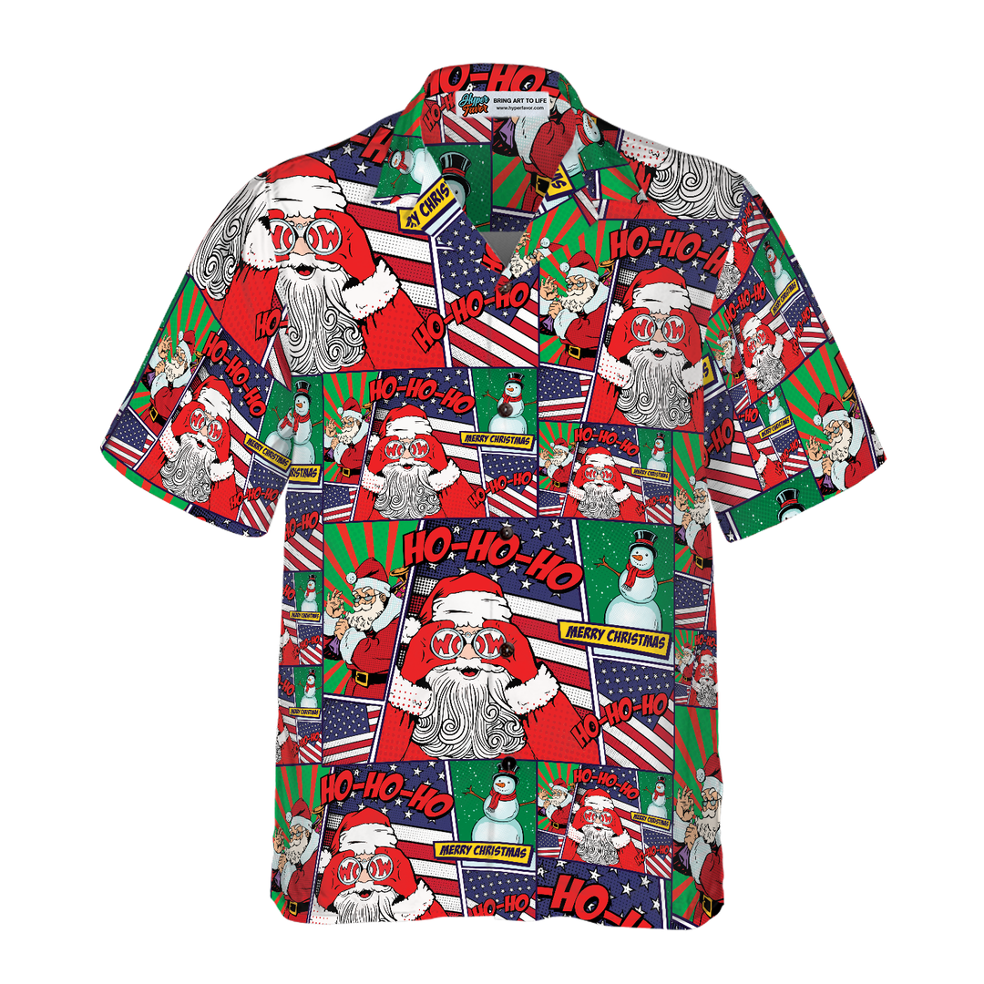 Drune | Hawaiian Hemden, Santa mit amerikanischer Flagge Comic Stil Hemd Kurzarm, Weihnachtshemd Geschenkidee für Männer und Frauen