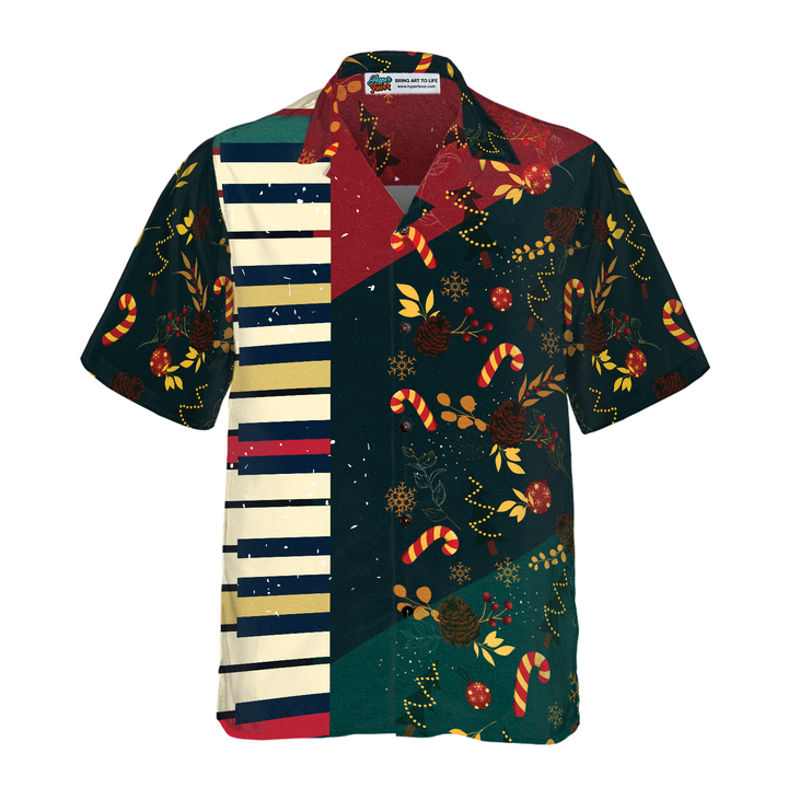 Drune | Hyperfavor Weihnachtsmuster mit Klavier Hawaii-Hemd, Weihnachtshemden Kurzarm Button-Down-Hemd für Männer und Frauen
