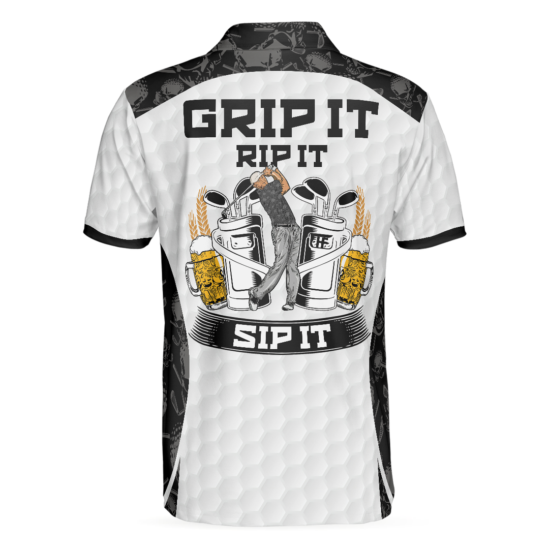 Drune | Grip It Rip It Sip It Golf Weißes Polohemd, Totenkopf-Musterhemd für Weihnachten, Gruselige Geschenkidee für Golfer
