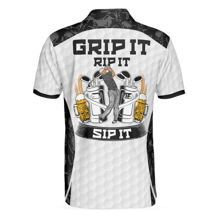 Drune | Grip It Rip It Sip It Golf Weißes Polohemd, Totenkopf-Musterhemd für Weihnachten, Gruselige Geschenkidee für Golfer