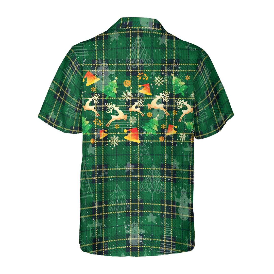 Drune | Hyperfavor Weihnachts-Hawaiianhemden für Männer und Frauen, Weihnachts-Rentier grünes Plaid-Muster Hawaiianhemd mit Knopfleiste Kurzarm