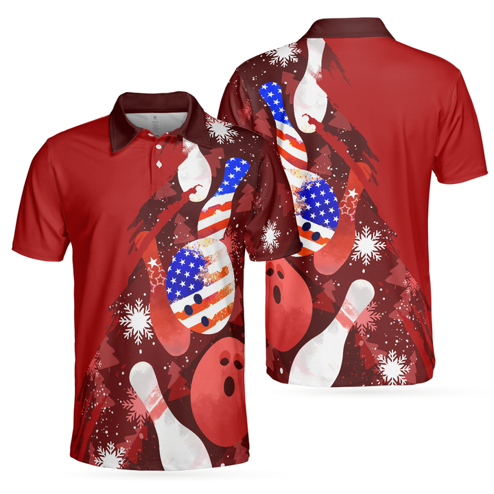 Drune | Amerikanische Flagge Weihnachten Bowlingball und Pins Herren Polohemden