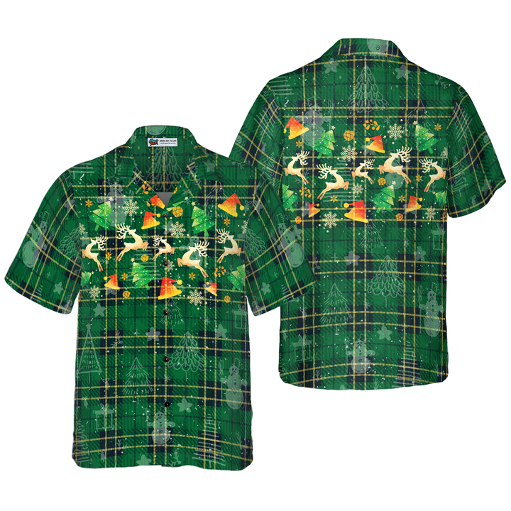 Drune | Hyperfavor Weihnachts-Hawaiianhemden für Männer und Frauen, Weihnachts-Rentier grünes Plaid-Muster Hawaiianhemd mit Knopfleiste Kurzarm
