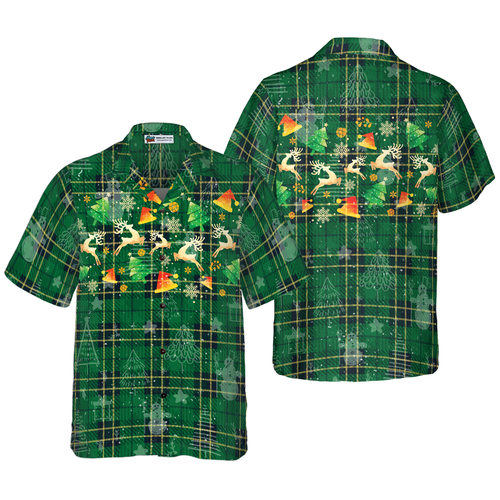 Drune | Hyperfavor Weihnachts-Hawaiianhemden für Männer und Frauen, Weihnachts-Rentier grünes Plaid-Muster Hawaiianhemd mit Knopfleiste Kurzarm