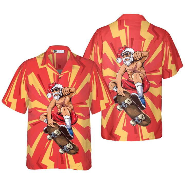 Drune | Hyperfavor Weihnachten Hawaiian-Shirts für Männer und Frauen, Santa Skateboarder Hawaiian-Shirt Kurzarm Hemd