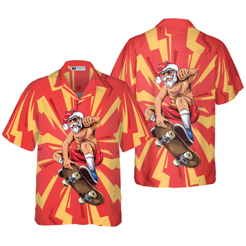 Drune | Hyperfavor Weihnachten Hawaiian-Shirts für Männer und Frauen, Santa Skateboarder Hawaiian-Shirt Kurzarm Hemd