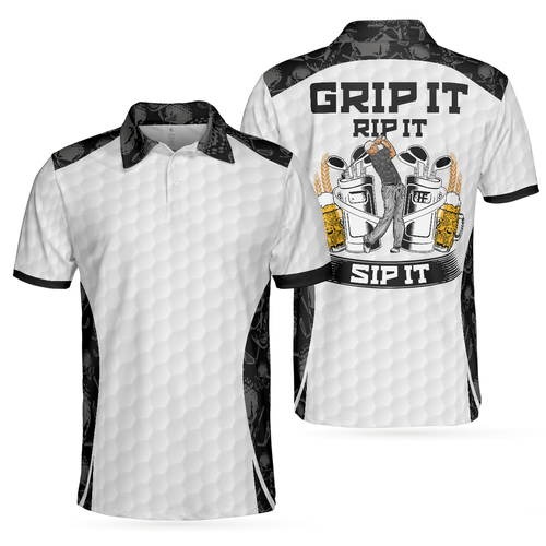 Drune | Grip It Rip It Sip It Golf Weißes Polohemd, Totenkopf-Musterhemd für Weihnachten, Gruselige Geschenkidee für Golfer
