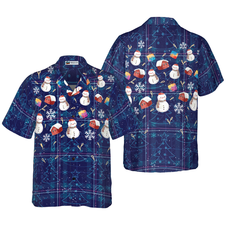 Drune | Hyperfavor Weihnachts-Hawaiianhemden, Weihnachts-Schneemann dunkelblau kariertes Musterhemd mit kurzen Ärmeln, Weihnachtshemden Geschenkidee für Männer und Frauen