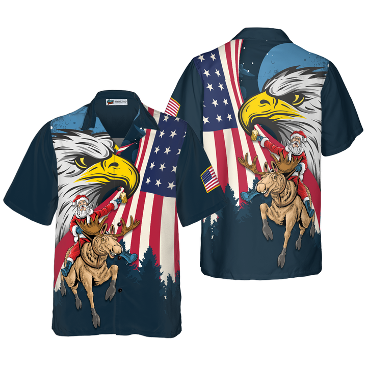 Drune | Hyperfavor Weihnachts-Hawaiian-Shirts, Santa mit amerikanischer Flagge 2 Kurzarm-Shirt, Weihnachtshemd-Idee Geschenk für Männer und Frauen