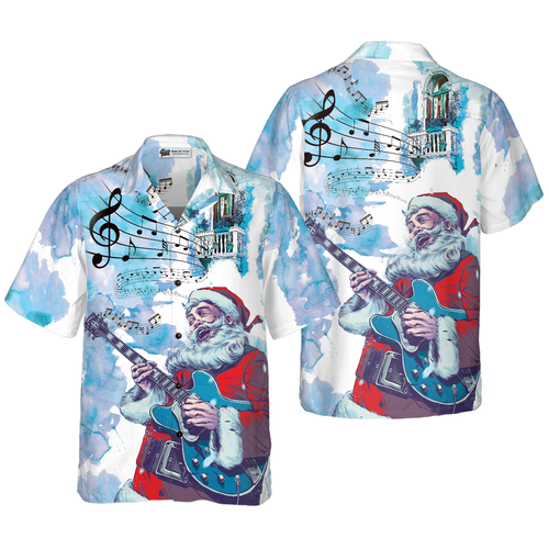 Drune | Hyperfavor Weihnachts-Hawaiianhemden, Weihnachtsmann-Gitarrenmusik-Musterhemd Kurzarm, Weihnachtshemden-Idee Geschenke für Männer und Frauen