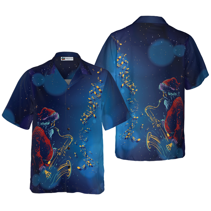 Drune | Hyperfavor Weihnachts-Hawaiihhemden, Santa Claus spielt das Saxophon Shirt Kurzarm, Weihnachtshemd Geschenkidee für Männer und Frauen
