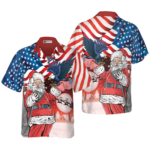 Drune | Adler, der auf Santas Hand mit amerikanischer Flagge sitzt, Hawaiiansches Hemd, Weihnachtshemden-Idee Geschenk für Männer und Frauen