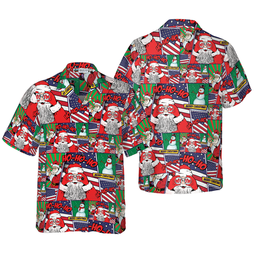 Drune | Hawaiian Hemden, Santa mit amerikanischer Flagge Comic Stil Hemd Kurzarm, Weihnachtshemd Geschenkidee für Männer und Frauen