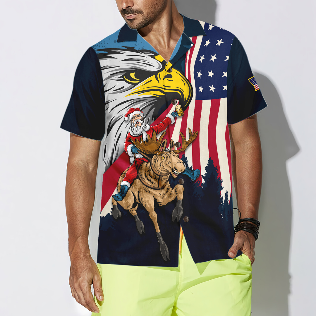Drune | Hyperfavor Weihnachts-Hawaiian-Shirts, Santa mit amerikanischer Flagge 2 Kurzarm-Shirt, Weihnachtshemd-Idee Geschenk für Männer und Frauen