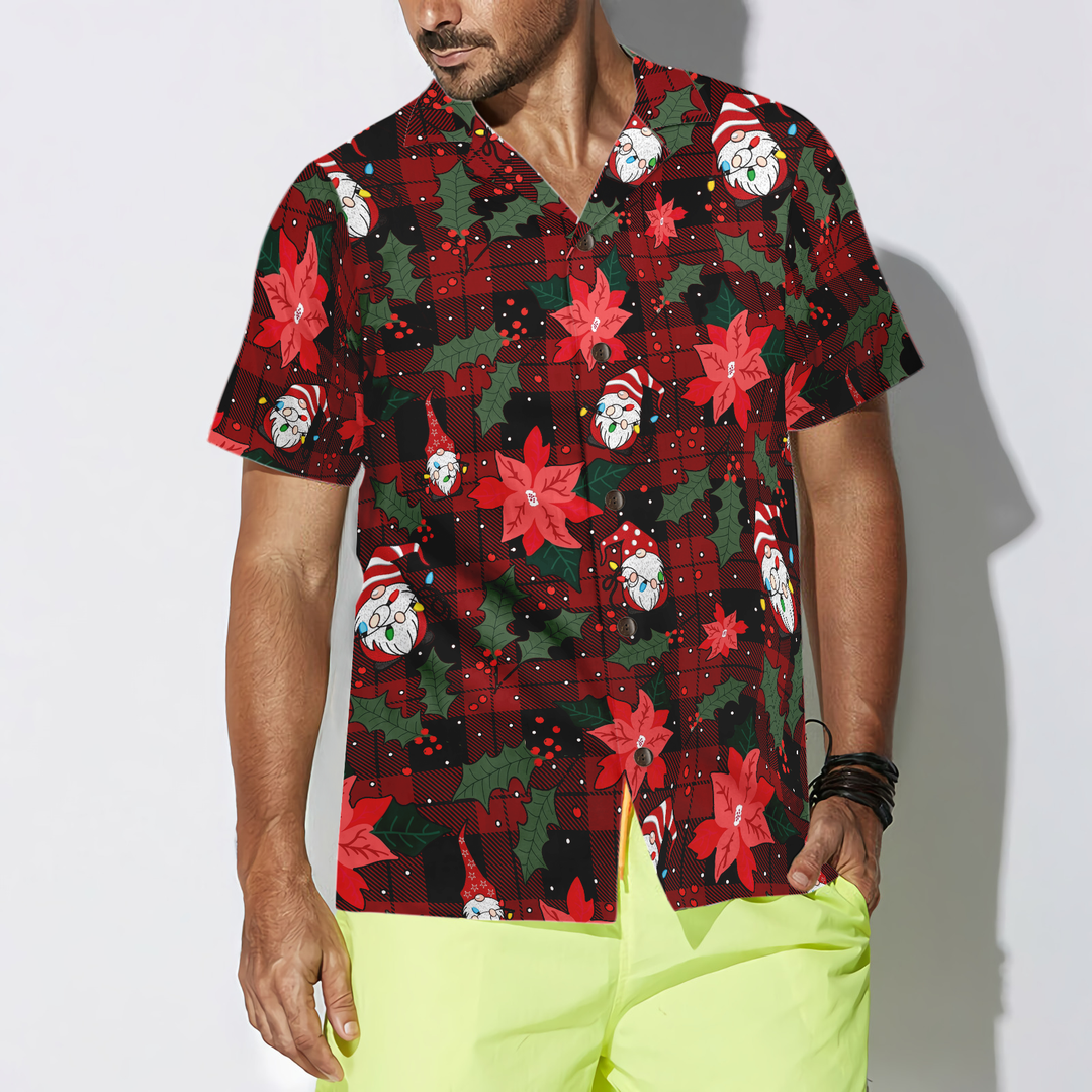 Drune | Hyperfavor Weihnachts-Hawaiianhemden, Gnome mit rotem Karomuster kurzärmliges Hemd, Weihnachtshemden Geschenkidee für Männer und Frauen