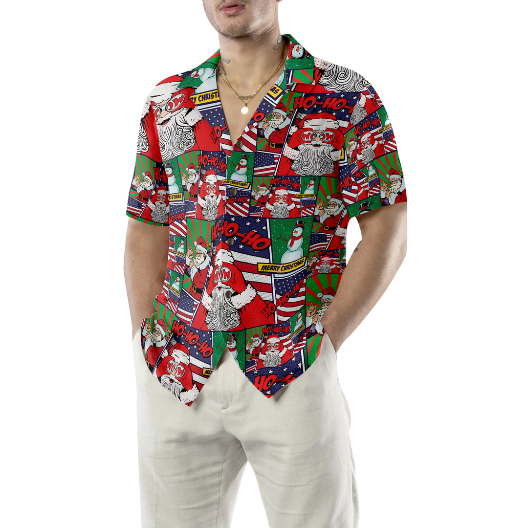 Drune | Hawaiian Hemden, Santa mit amerikanischer Flagge Comic Stil Hemd Kurzarm, Weihnachtshemd Geschenkidee für Männer und Frauen
