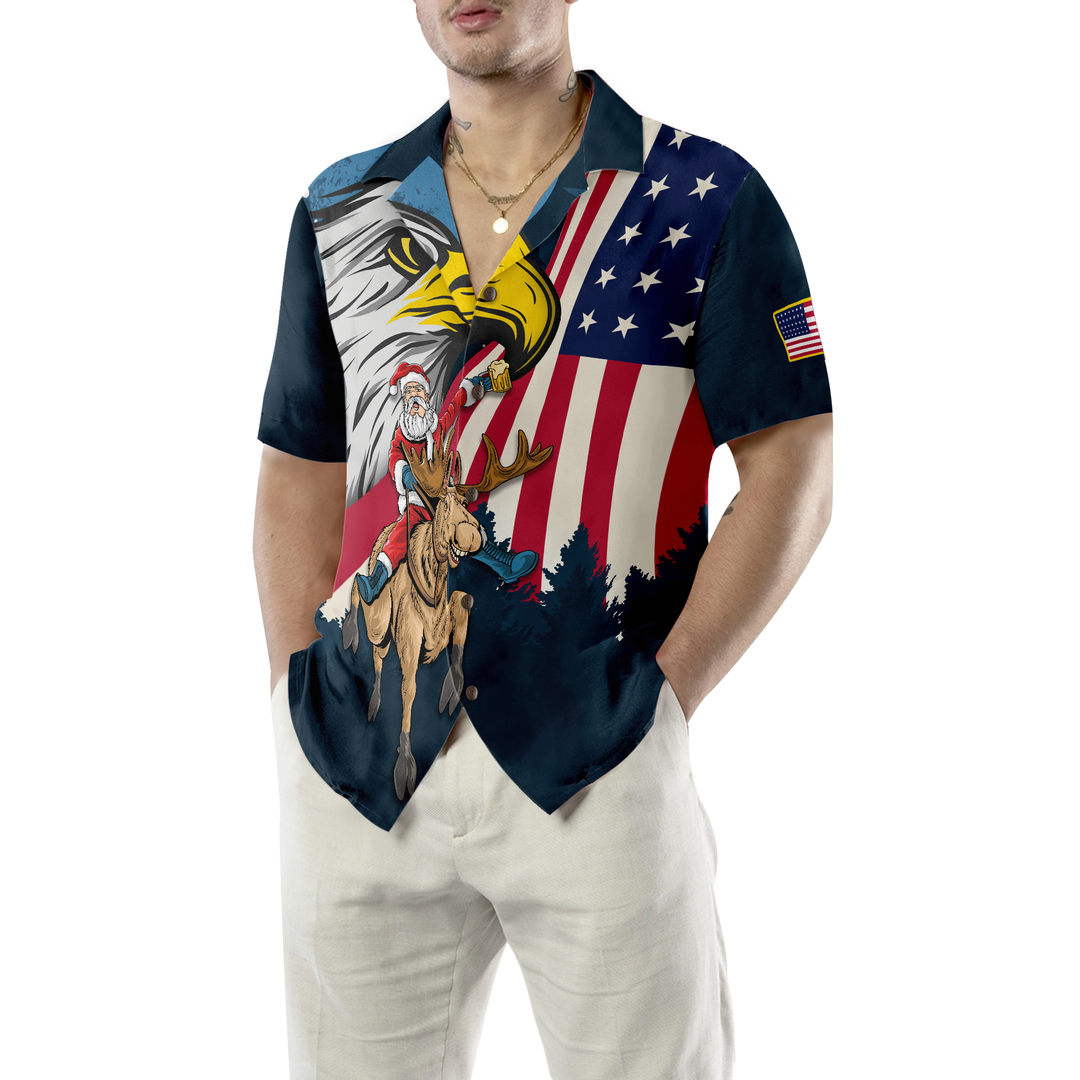 Drune | Hyperfavor Weihnachts-Hawaiian-Shirts, Santa mit amerikanischer Flagge 2 Kurzarm-Shirt, Weihnachtshemd-Idee Geschenk für Männer und Frauen