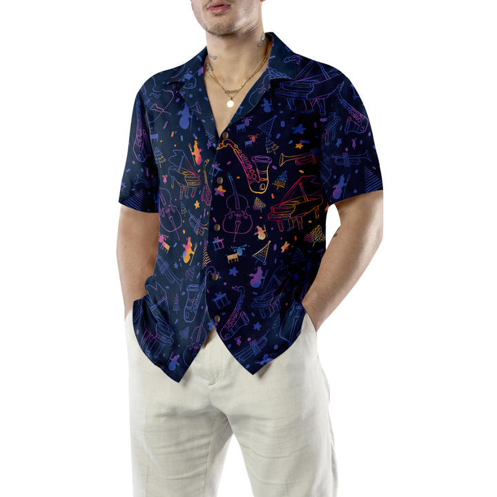 Drune | Hyperfavor Weihnachts-Hawaiianhemden, Weihnachtsmusikinstrumente Muster Hemd Kurzarm, Weihnachtshemd Geschenkidee für Männer und Frauen