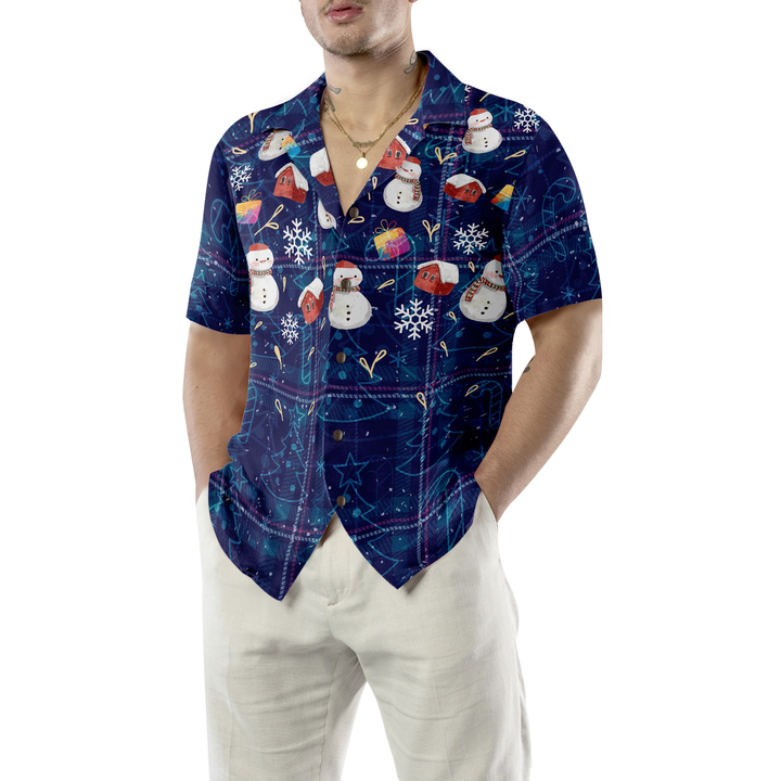 Drune | Hyperfavor Weihnachts-Hawaiianhemden, Weihnachts-Schneemann dunkelblau kariertes Musterhemd mit kurzen Ärmeln, Weihnachtshemden Geschenkidee für Männer und Frauen